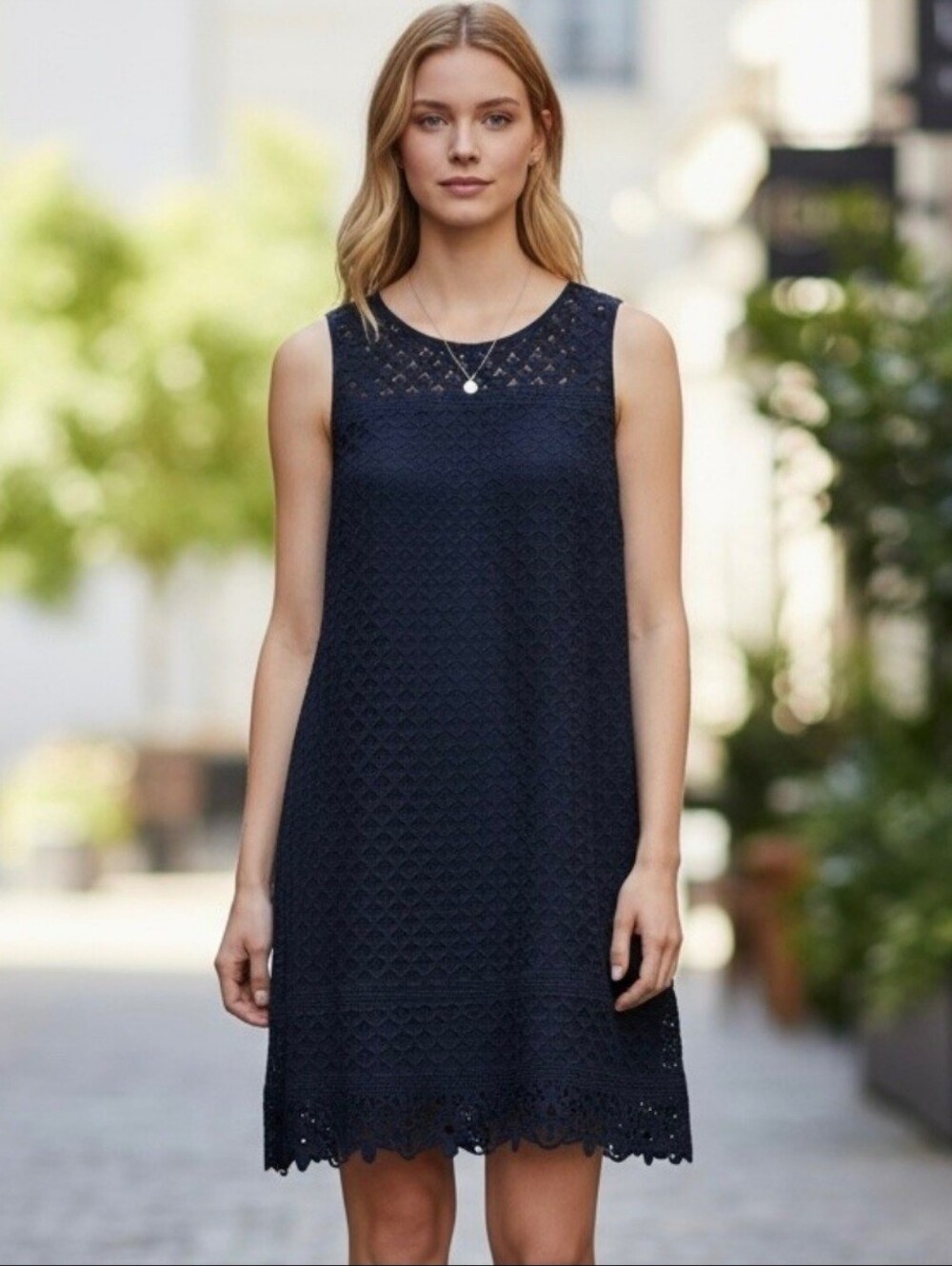 Loft Navy Blue Shift Dress Sleeveless Eyelet Sz 8